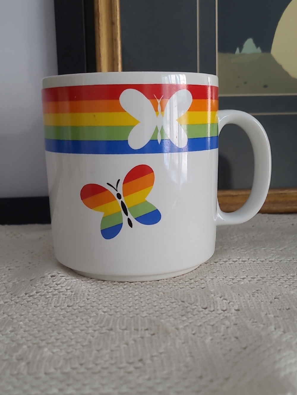 Russ White Mug with Rainbow Butterfly and Stripe Accent